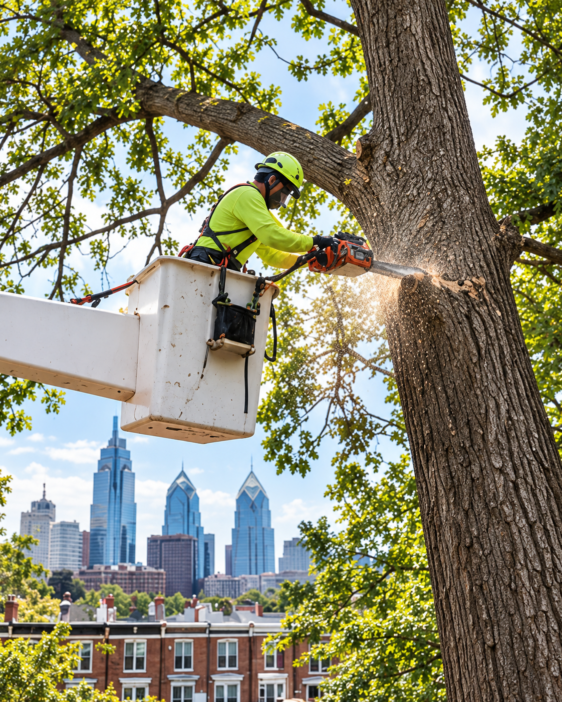 Arborist cutting a mature tree from a bucket lift in Philadelphia