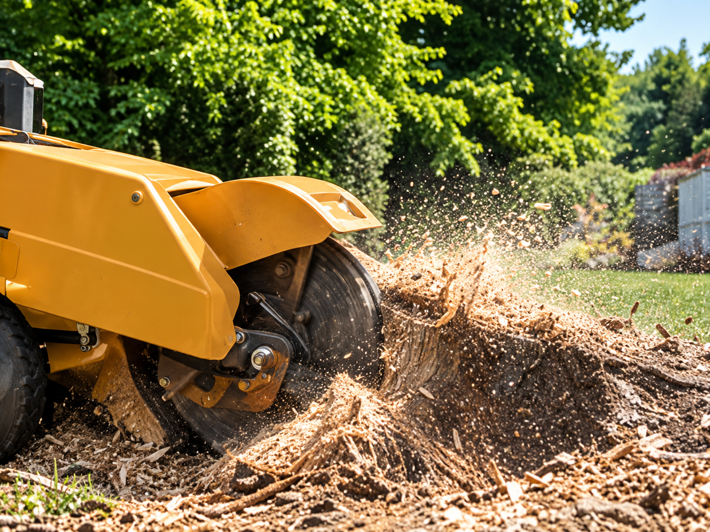 Tree service equipment clearing a yard